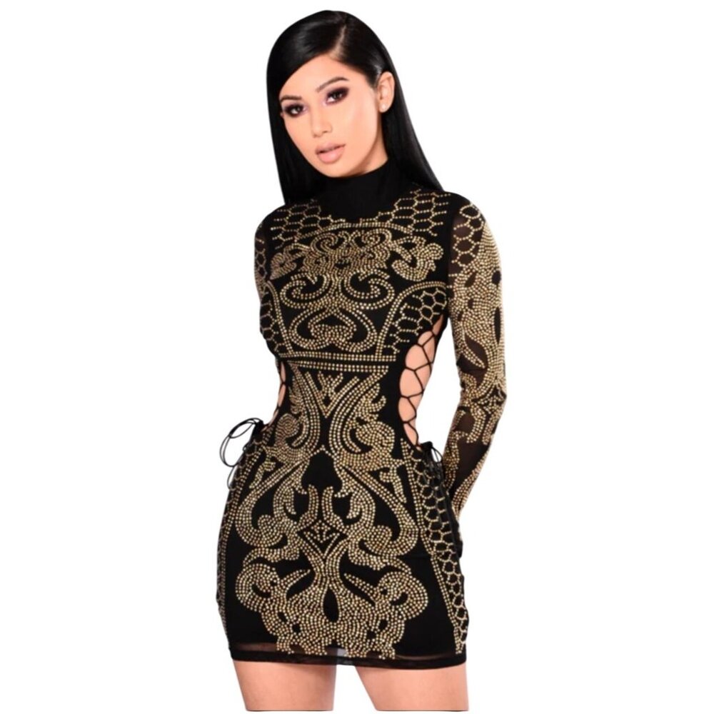 Fashion Nova Sequin Gold Lace‎ Up Bodycon Midi Dress Size M Party Club Statement